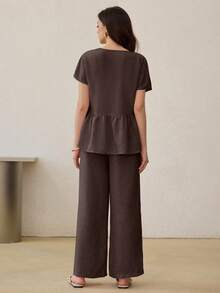 Modelyn 2pcs Women Bat Sleeve Button-Up Shirt And Elastic Waist Straight Leg Pants Set, Spring/Autumn - Chocolate Brown - View 2