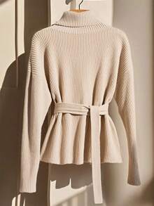 Franclia Nuevo suéter de punto de manga larga con cuello alto y cintura ceñida, estilo vintage, de alta gama para otoño/invierno para mujeres - Marrón - Ver 2
