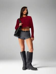 MISSGUIDED 宽松版型纽扣短款开衫，罗纹针织长袖，秋冬休闲毛衣，短款时尚基础款叠穿圣诞单品 - 酒紅色 - 查看 3
