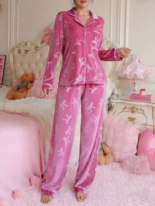 PetitDoll 纯色蝴蝶结提花天鹅绒开衫和裤子女士睡衣套装，秋冬女士睡衣套装粉色睡衣套装天鹅绒睡衣套装两件套睡衣套装粉色睡衣带蝴蝶结舒适优雅细节，秋季服装 - 粉色 - 查看 4