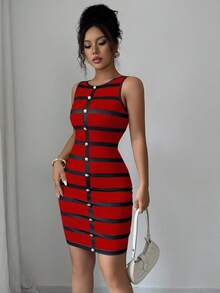 Elenzga 女式合身条纹休闲纽扣前开无袖迷你连衣裙 - 彩色 - 查看 4