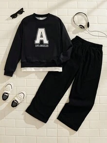 Explorewe 2pcs/Set American Fleece Letter Print Sweatshirt And Wide Leg Pants, American Street Style, Casual, Suitable For Spring, Autumn, Winter Fall - Royal Blue - View 3