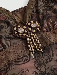 ROMWE Retro Hippie Style Plus Size Women Ruffle Ribbon & Lace Paisley Print Mini Dress - Brown - View 3