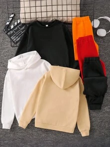 SHEIN 6 件套儿童/青少年男童休闲超大字母图案连帽卫衣和纯色慢跑裤 2 件套，3 种款式，买 1 送 2，适合通勤、上学、休闲、旅行、运动、春夏秋冬 - 彩色 - 查看 2