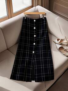 Regalyn Plus Size Women Wool Blend Button Decor Plaid Skirt Fall Cloth For Women