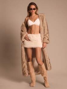 SHEIN Glamour 奢华仿皮草大衣，女士翻领开襟长袖外套，女士冬季外套，商务休闲装，机场旅行，加厚冬装，大地色系，女士冬季蓬松奢华款 - 咖啡棕 - 查看 3