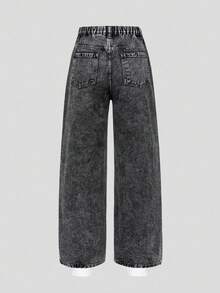 SHEIN Sparklyn Teen Girl Medium Wash Distressed Print Casual Denim Jeans Fall Winter - Black - View 2