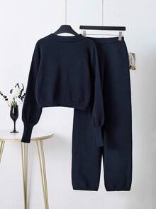 SHEIN Unity Set de 2 piezas de cárdigan con mangas farol y cuello, y suéter de punto, minimalista y dulce, para otoño/invierno - azul real - Ver 2