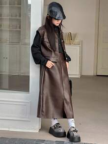 DAZY 2 件套青少年女孩服装，无袖上衣和裙子套装，秋季 - 棕色 - 查看 2