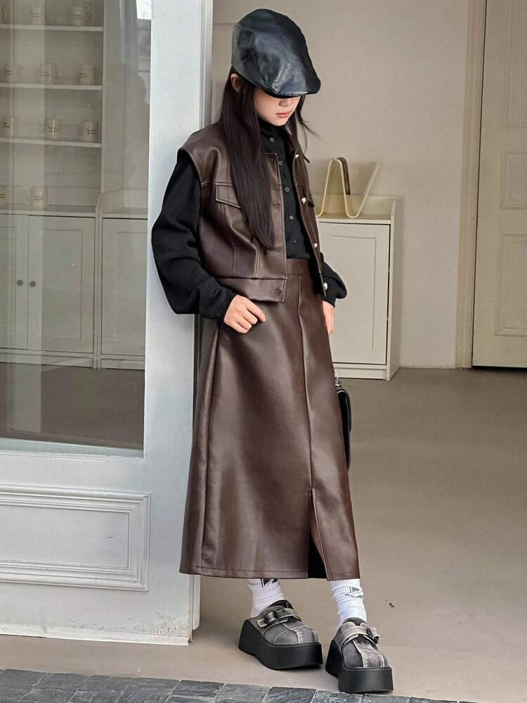 2pcs Tween Girls Outfit, Sleeveless Top And Skirt Set, Autumn