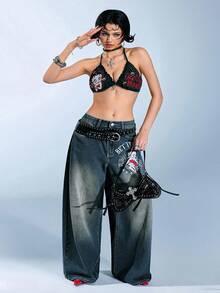Betty Boop | ROMWE Quần jeans ống rộng thêu họa tiết hoạt hình giặt thường ngày cỡ lớn - Màu xanh lam - Xem 6