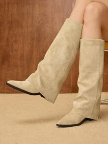 MOTF WOMEN'S FASHIONABLE APRICOT CHUNKY HEEL POINTED TOE OVER-THE-KNEE BOOTS - Apricot - View 3