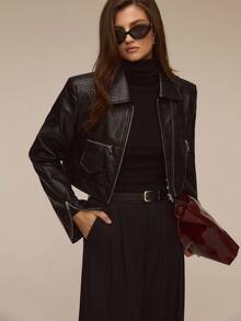 ATUI Studio Women's Casual Loose Long Sleeve Black Faux Leather Jacket, Autumn/Winter Fabric Off-Shoulder Zip-Up PU Leather Jacket,Winter Clothes For Women