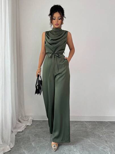 SHEIN PETITE Women's Elegant Green Collared Pleated Ruched Neck Bowknot Waist Sleeveless Jumpsuit, Spring/Summer