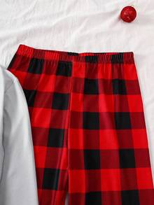 Tween Boy 1pc Christmas Bear Print Contrast Trim Tee & 1pc Buffalo Plaid Print Pants - Red and White - View 3