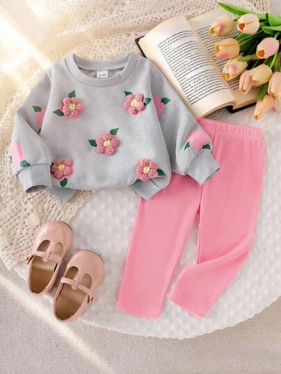 SHEIN Vintaside Kids 女婴休闲可爱运动衫套装，3D 钩针花卉印花套头衫和针织紧身裤，秋季