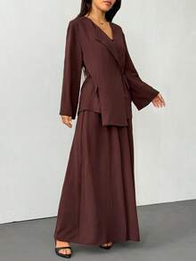 SHEIN PETITE 2025秋冬新品，音乐节、毕业季、学院风、学生装、日常休闲、度假、海滩、日光浴、街头风，女士两件套：棕色亚麻质感系带衬衫和阔腿裤 - 棕色 - 查看 6