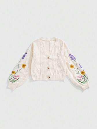 Fairycore Plus Size Vintage Floral Embroidery Long Sleeve Knitted Cardigan, Autumn/Winter