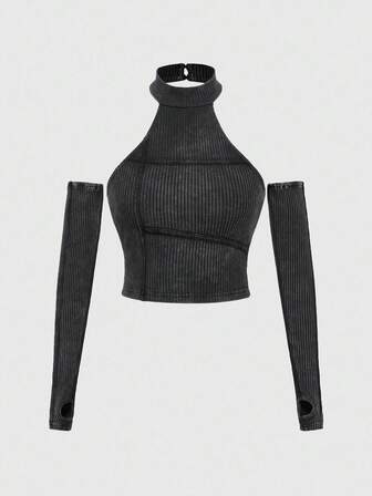 Grunge Punk Distressed Punk Style Neck Scarf, Bandage, Patchwork, Elastic Solid Color T-Shirt For Women