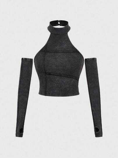 Grunge Punk Vintage zerrissener Punkreitschal, Bandage, Patchwork, elastisches einfarbiges T-Shirt für Frauen