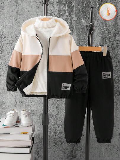 SHEIN 两件套男童休闲纯色拼接长袖舒适保暖连帽拉链外套和裤子套装，适合日常休闲户外穿着，秋冬季