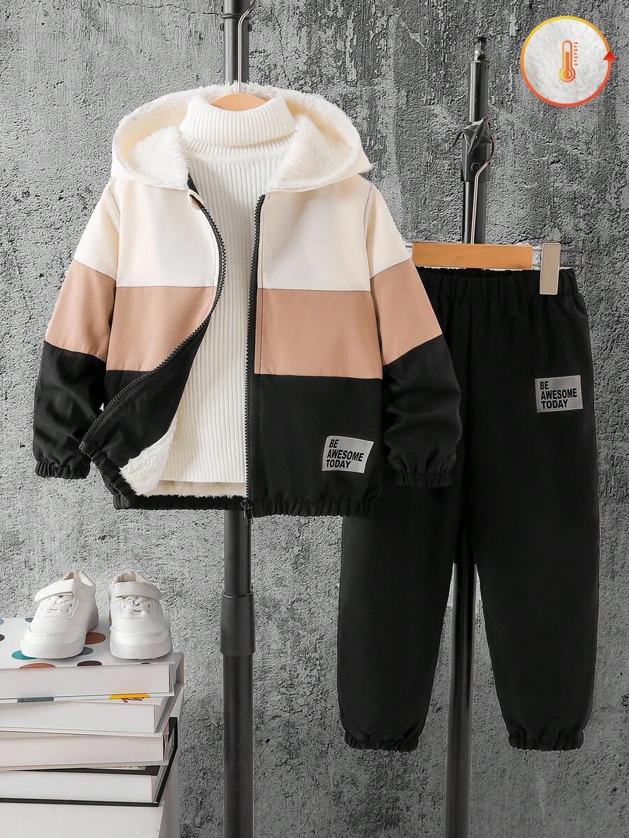 SHEIN 2pcs/Set Young Boy Casual Patchwork Long Sleeve Thermal Lined Zip-Up Hoodie Jacket And Pants Set,Comfortable Winter Everyday Outdoor Outfits - Multicolor - View 1