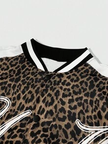 ROMWE MEN Prep Men's Leopard Print Digit Graphic Long Sleeve Fashion Baseball Jacket, Autumn - Multicolor - View 3