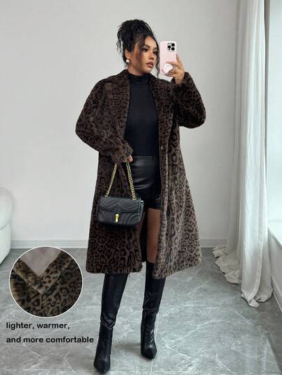 Elenzga Women's Leopard Print Faux Fur Collar Long Coat