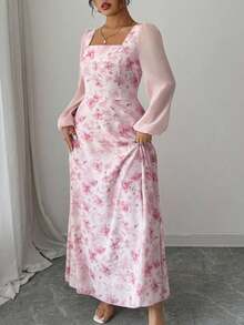 Modelyn 女士粉色花卉印花拼接方领长袖优雅约会连衣裙