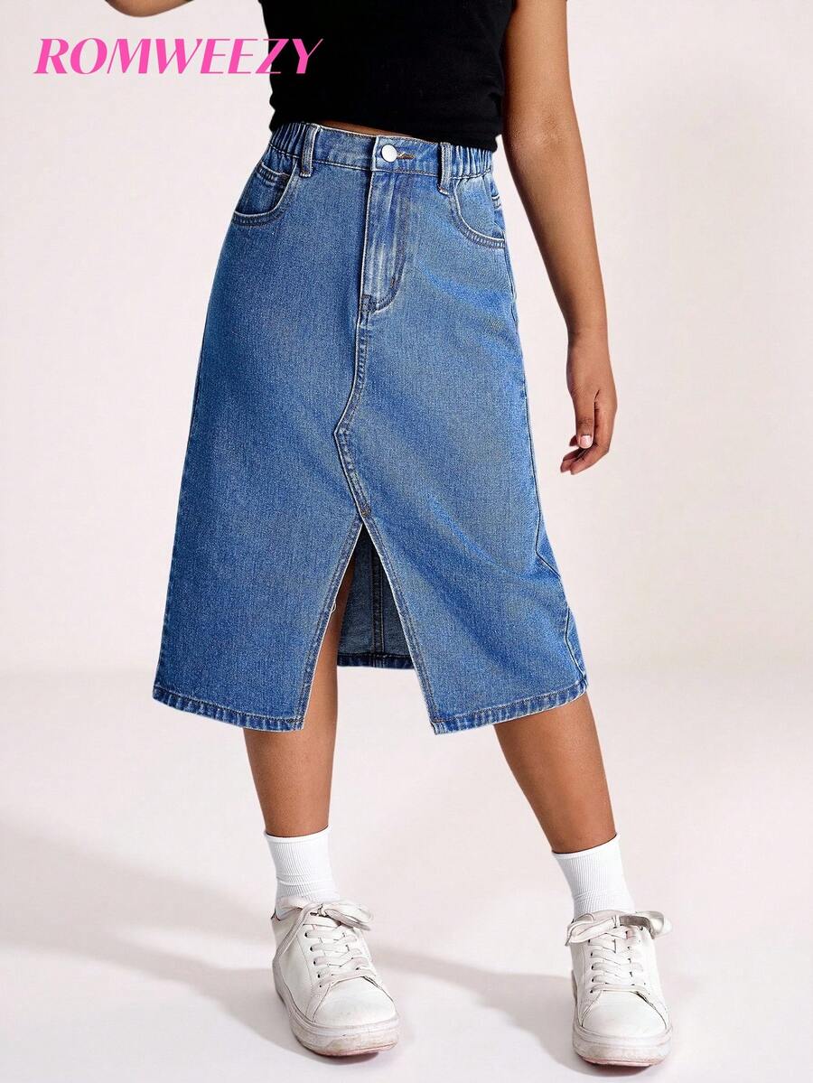 SHEIN Tween Girl'' Casual Denim Skirt With Front Slit, Fashionable And Versatile Fall Winter