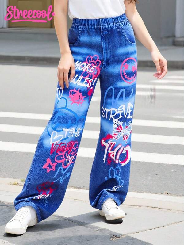 SHEIN Tween Girls' Casual Cool Bear & Denim Effect Loose Comfortable Straight Pants