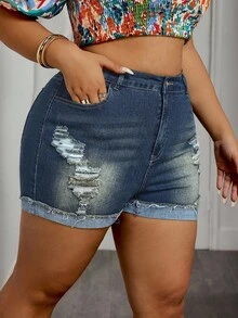 Slaydiva Quần short denim bó sát viền tua rua có túi rách cỡ lớn - Rửa tối - Xem 6