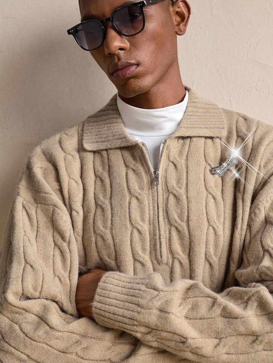 AKNOTIC Business Casual Suéter casual de diseño con cremallera y patrón de cable, para otoño/invierno, Navidad - Marrón Mocha - Ver 1