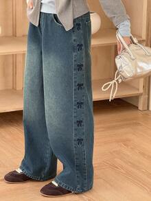 DAZY Tween Girl Embroidered Bow Thermal-Lined Denim Jeans, Fall Thermal Lined Jeans,Winter - Blue - View 4