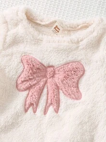 Cozy Pixies 2pcs Baby Girl Casual Comfortable Pink & White Bow Decor Crew Neck Long Sleeve Sweatshirt And Elastic Waist Pants Set, Coral Fleece Outfit, Suitable For Winter, Autumn, Christmas, Back To School Cozy Pixies Baby Girl Set Baby Set Autumn Winter Season Bow Newborn Outfit Baby Girl Knitted Outfits Baby Girl Warm Sets Fall