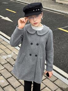 Streecool 女童防风夹克，双排扣翻领长款外套，适合秋冬季休闲、通勤、度假穿着。 - 灰色 - 查看 4