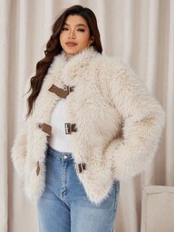 Auralis Casaco plus size feminino de outono e inverno, casual, solto, confortável, quente para o dia a dia, pele sintética, pelúcia, damasco, fivela de cinto, roupas femininas de inverno, trajes de inverno