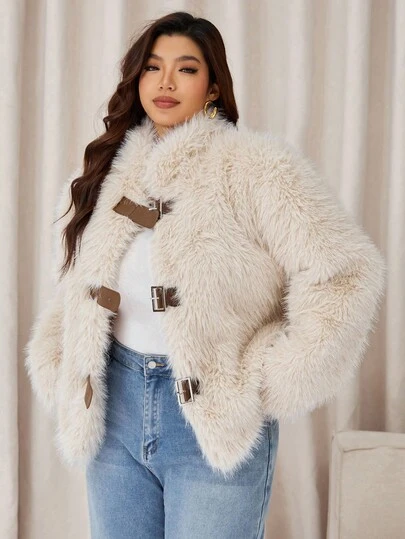 Auralis Abrigo de mujer talla grande de otoño e invierno, de estilo casual y suelto, cómodo y cálido, con cinturón de hebilla y forro de peluche sintético color albaricoque. Ropa de invierno para mujer, atuendos de invierno