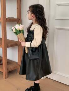 DAZY 2pcs/Set Young Girls Crew Neck Puff Sleeve Knit T-Shirt + Fashionable Dress Outfit, Fall - Black - View 5