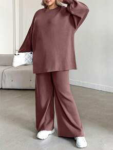 EURMUSE Ensemble casual femme grande taille, pull raglan couleur unie et pantalon tricoté - Vieux Rose - Voir 5