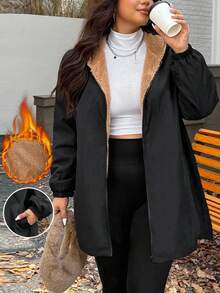 SHEIN EZwear Veste décontractée à capuche à fermeture éclair pour femmes grande taille, manches longues, automne/hiver. Vêtements pour femmes élégants, noirs, à manches longues, avec ceinture, capuche, pour le travail, les rendez-vous, les sorties, les fêtes, les invités de mariage, chic, doublure thermique, Noël - Noir - Voir 1