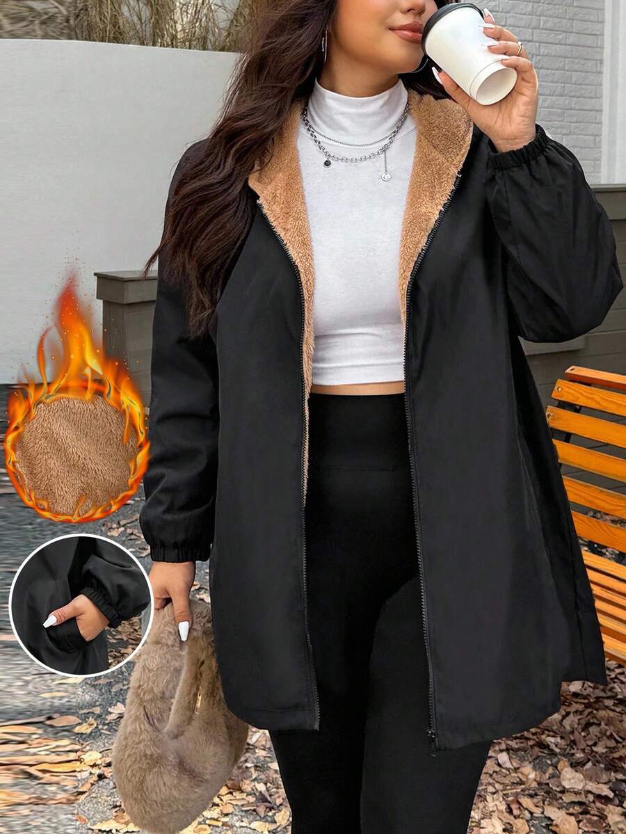 SHEIN EZwear Veste décontractée à capuche à fermeture éclair pour femmes grande taille, manches longues, automne/hiver. Vêtements pour femmes élégants, noirs, à manches longues, avec ceinture, capuche, pour le travail, les rendez-vous, les sorties, les fêtes, les invités de mariage, chic, doublure thermique, Noël - Noir - Voir 1