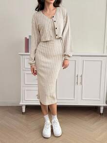 SHEIN Tall 女式秋季新款罗纹针织落肩纽扣前襟夹克和修身中长连衣裙套装