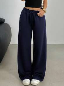 SHEIN 青少年女孩休闲宽松低腰松紧腰带阔腿运动裤，适合春、夏、秋、冬