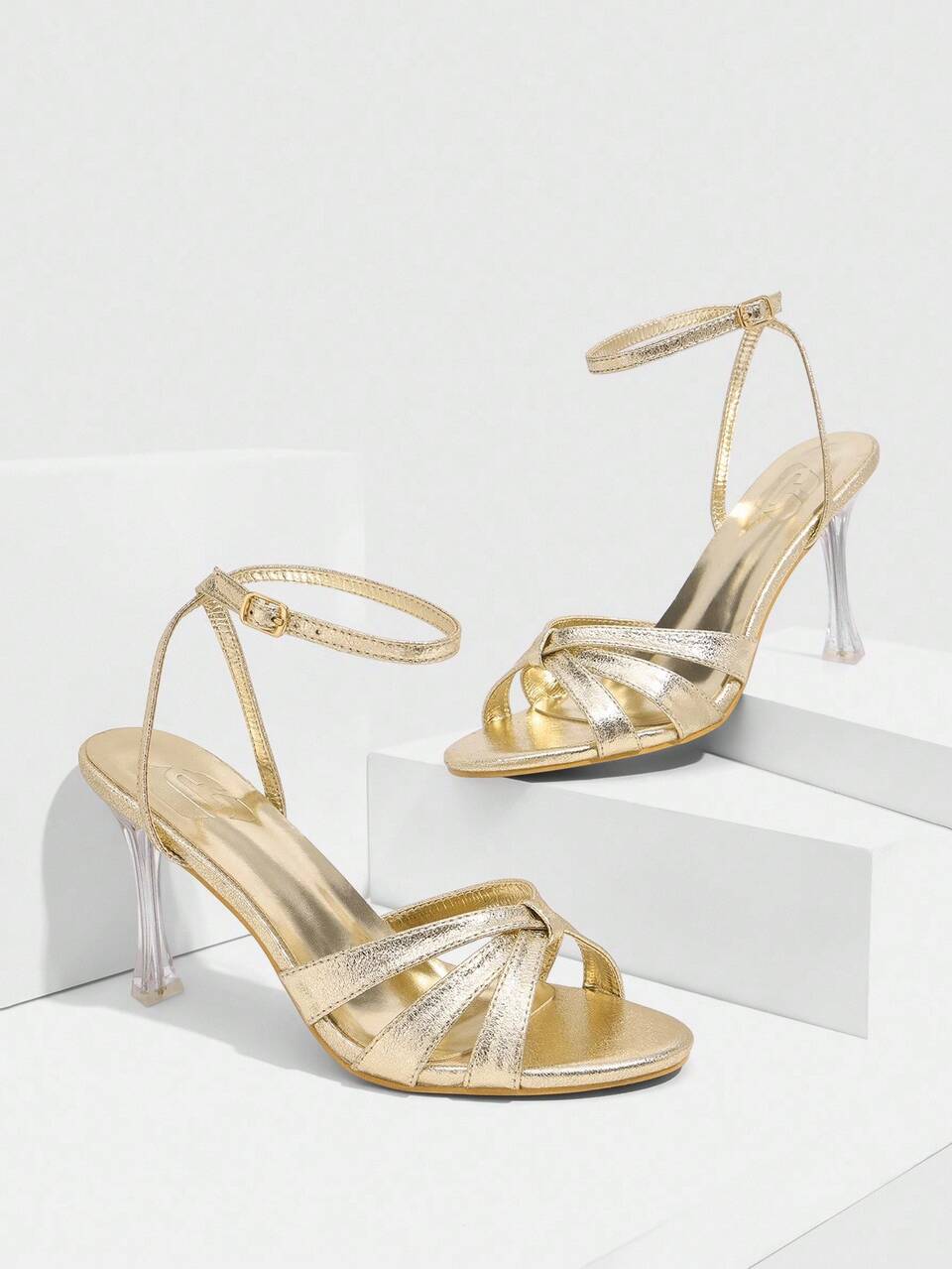 CUCCOO SZL Gold Metal PU Glass Heel Peep Toe Slingback Fashionable Sexy Elegant High Heel Sandals