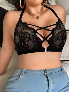 SHEIN 1pc Plus Size Front Closure Lace Wireless Lingerie Bra - Black - View 4