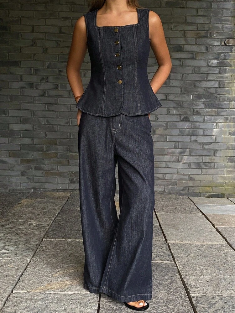 Women's Collared Halter Sleeveless Denim Top And Straight Leg Denim Pants Elegant Denim Suit