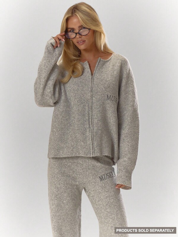 MUSERA Cárdigan con cremallera de manga larga, de punto acanalado, bordado, oversize, acogedor, casual, elegante para fiestas de otoño, invierno, Navidad y eventos por la noche