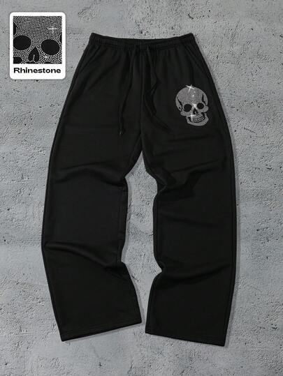 Street Life Herren Glitzer Totenkopf & Diamant Muster Loose Fit Lässig Jogginghose mit Kordelzug Taille