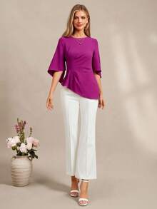 Amorya Women's Solid Color Elegant Vacation Pleated Blouse Purple Blouse Women